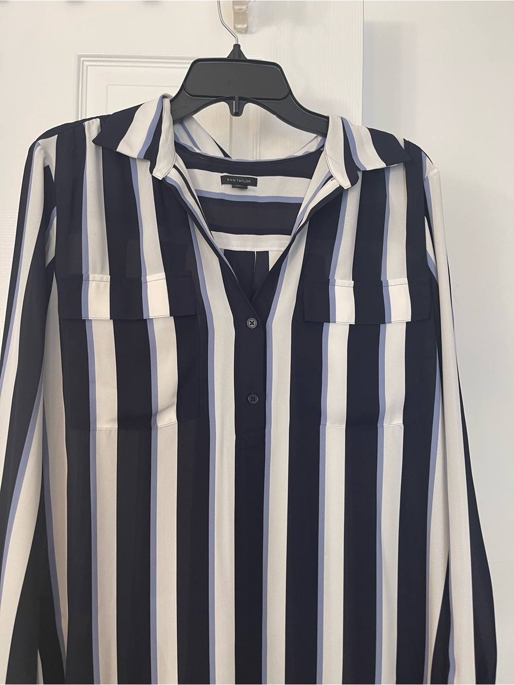 Ann Taylor Navy and White Vertical-Stripe Button-Front Shirt